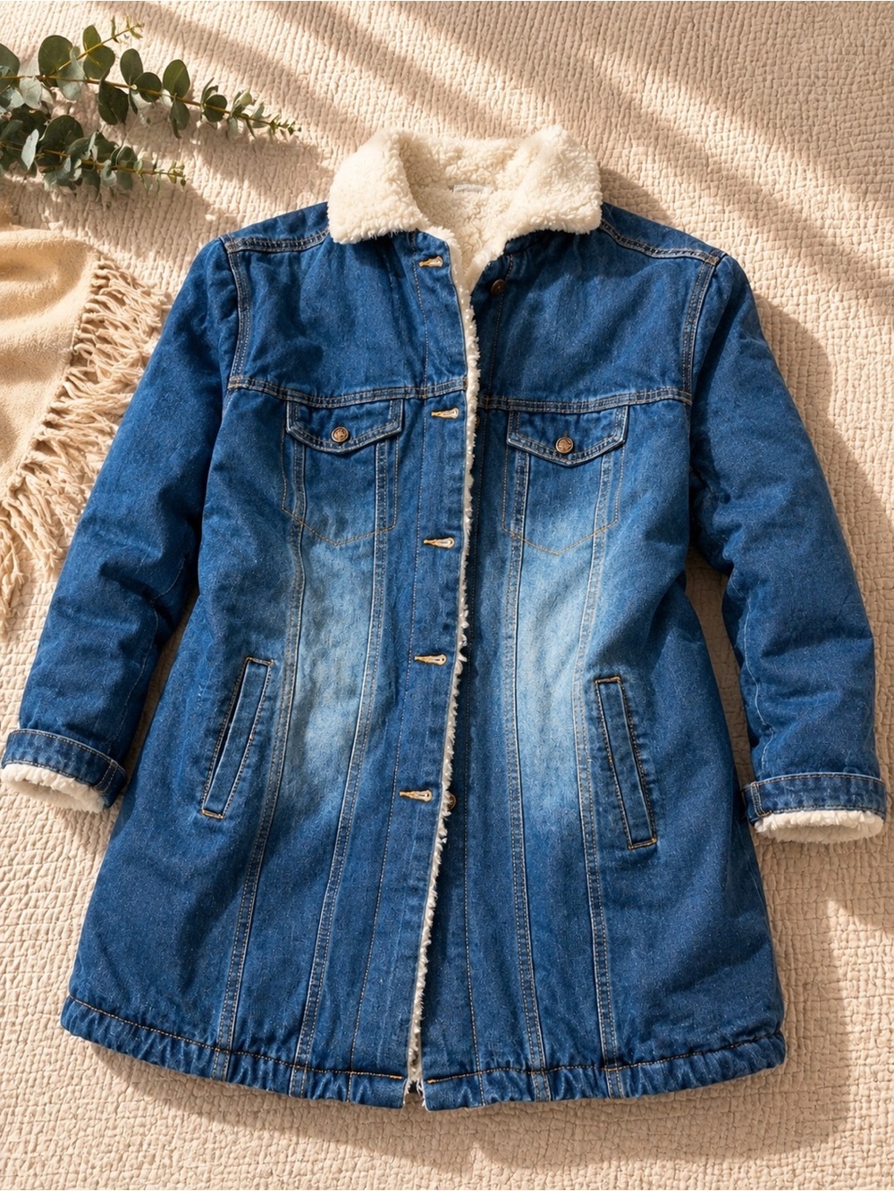 Long Sherpa-Lined Denim Jacket in Blue with Cream Collar